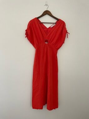 Sincerely Jules Linen Cotton Blend Short Sleeve Eyelet Cut V-neck Midi Sundress